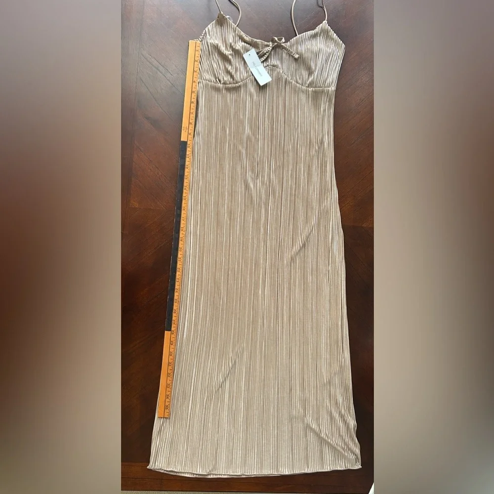 NEW NO comment Pleated Maxi Slip Dress in Champagne with Bow Detail